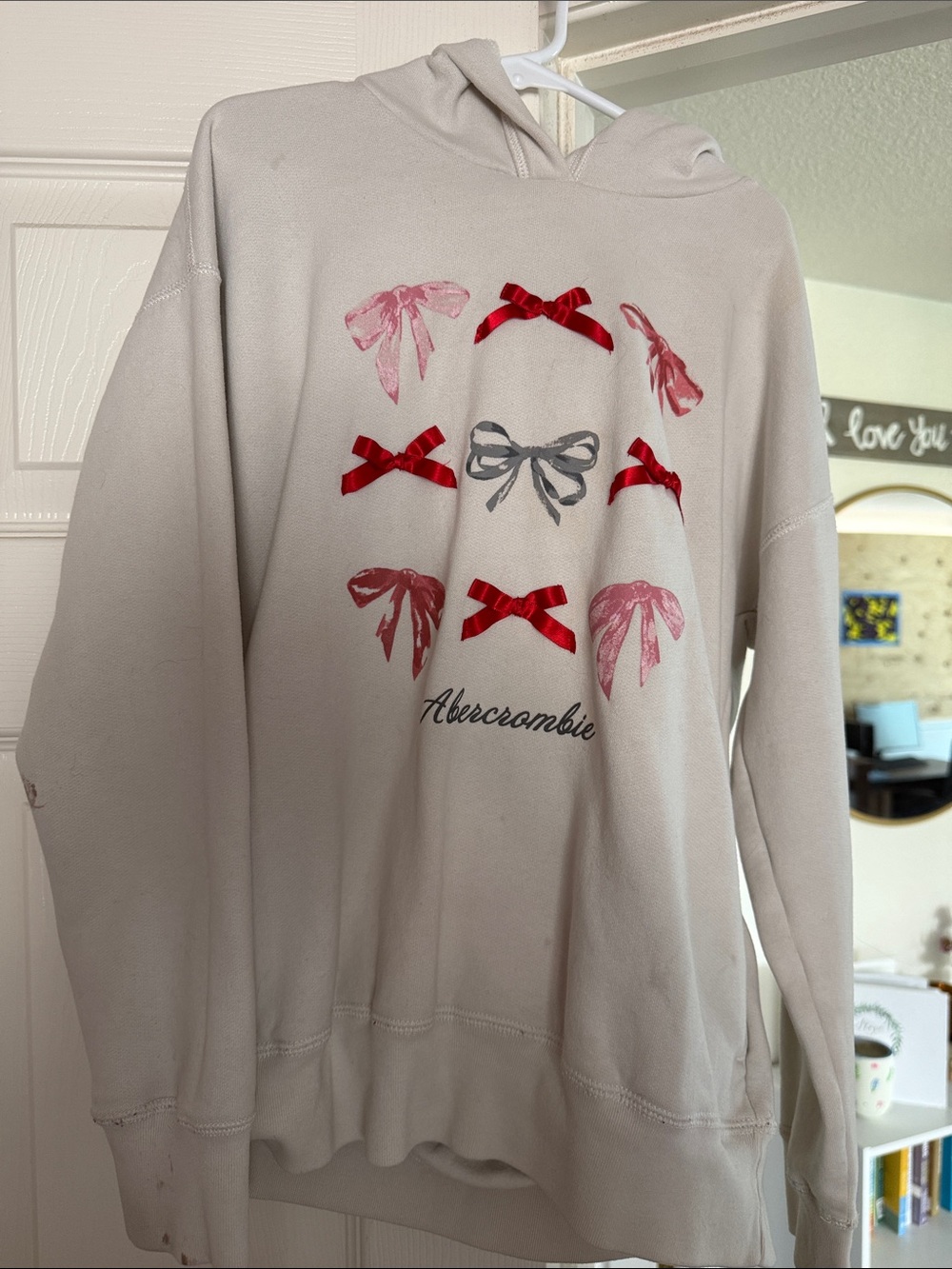 Abercrombie Cream Hoodie with Red & Pink Bow Motif